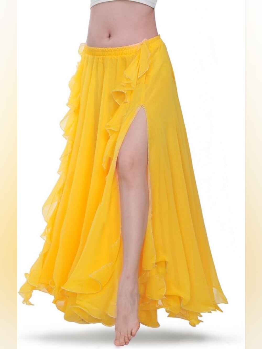 Exotic Yellow Ruffle High-Slit Bellydance Maxi Skirt